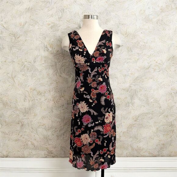 Vintage Ruby Rox Black Paisley Floral Midi Dress Wrap Lettuce Medium M - Picture 1 of 9
